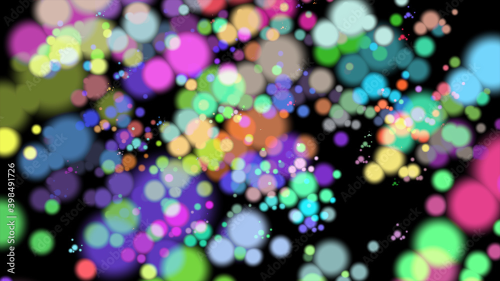 Abstract particles of green, yellow, red, purple, crimson in the form of blurry balls of different diameters on a black background resemble fireworks in space and create a festive atmosphere. New Year