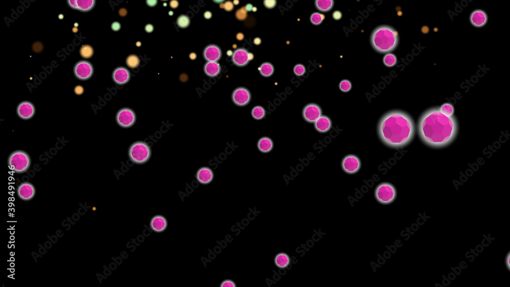 Abstract red particles, green, yellow in the form of balls of different diameters, a crimson polyhedron on a black background of outer space create a festive atmosphere. 3d illustration. Abstract red particles, green, yellow in the form of balls of different diameters, a crimson polyhedron on a black background of outer space create a festive atmosphere. 3d illustration.