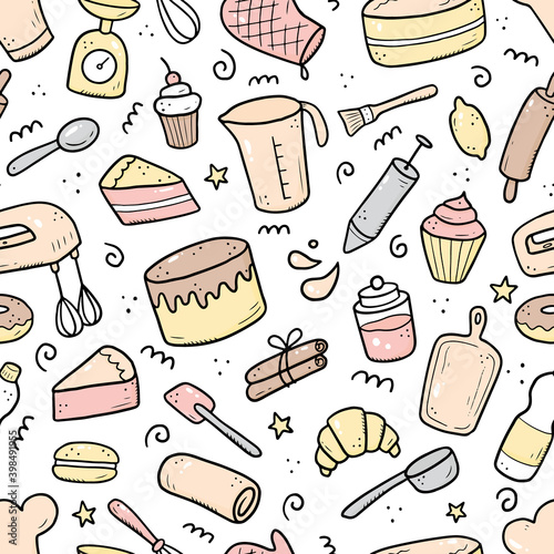 Hand drawn seamless pattern of baking and cooking tools, mixer, cake, spoon, cupcake, scale. Doodle sketch style. Illustration for textile, background, wallpaper design.