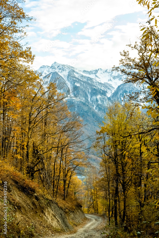 Fototapeta premium View of landscape through autumn forest to the high mountains in the snow. Transition from autumn to winter.