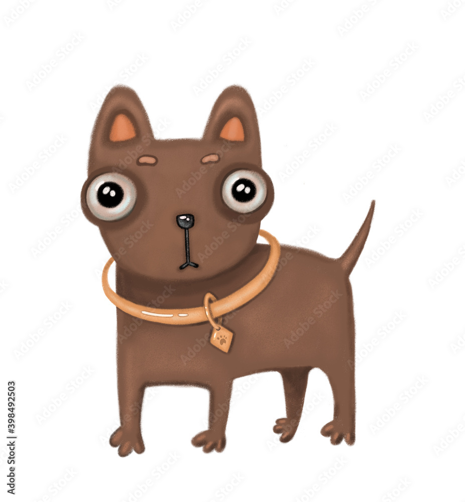 Cute dog character clip art illustration in a golden collar with name badge on a neck. Human best friend. Ideal for cards, prints, books, dog day 26 August. Cute dog character clip art illustration in a golden collar with name badge on a neck. Human best friend. Ideal for cards, prints, books, dog day 26 August.