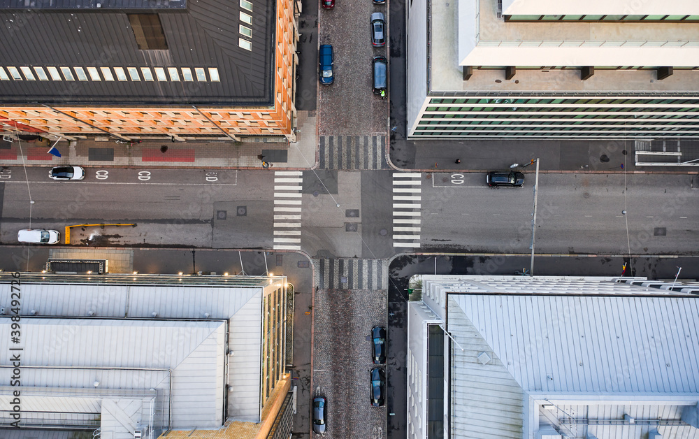 Aerial view of the intersection in Central Helsinki, Finland. Kaartinkaupunki neighborhood.