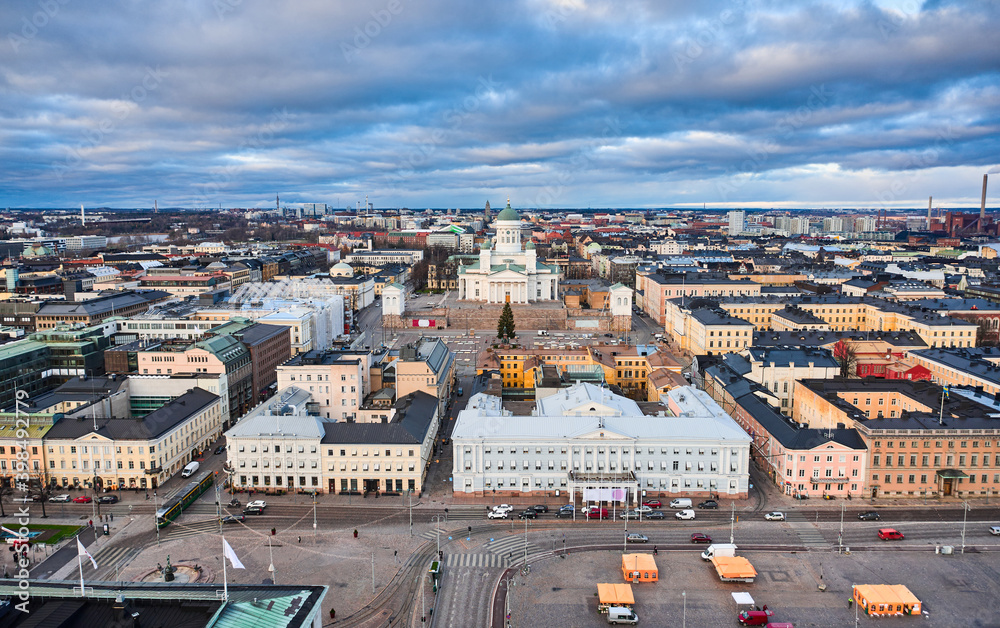 Aerial view of the Kruununhaka Central neighborhood of Helsinki, Finland. View of Helsinki City Hall, Helsinki Cathedral, Senate Square, and over places.