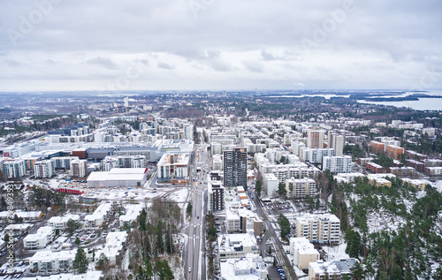 Obraz na płótnie Aerial view of Matinkyla neighborhood of Espoo, Finland. First snow in the city. w salonie