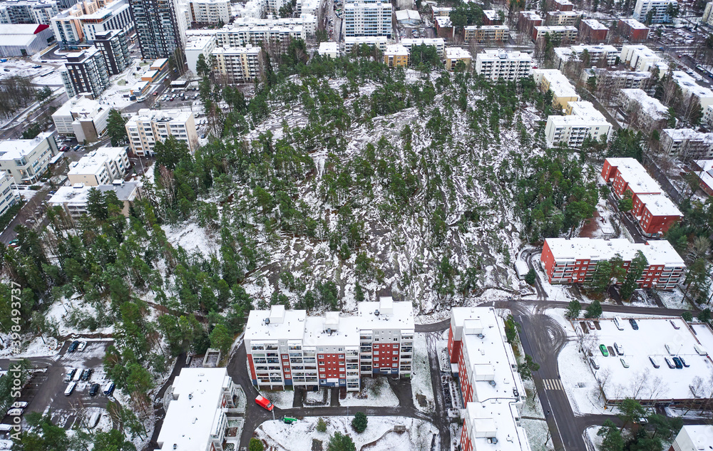 Aerial view of the park in Matinkyla neighborhood of Espoo, Finland. First snow in the city.
