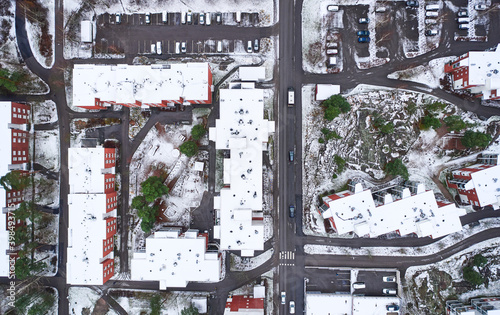 Obraz na płótnie Aerial view of the apartment buildings in Matinkyla neighborhood of Espoo, Finland. First snow in the city. w salonie