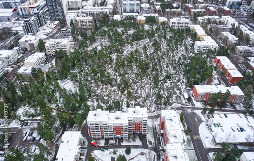 Obraz na płótnie Aerial view of the park in Matinkyla neighborhood of Espoo, Finland. First snow in the city. w salonie