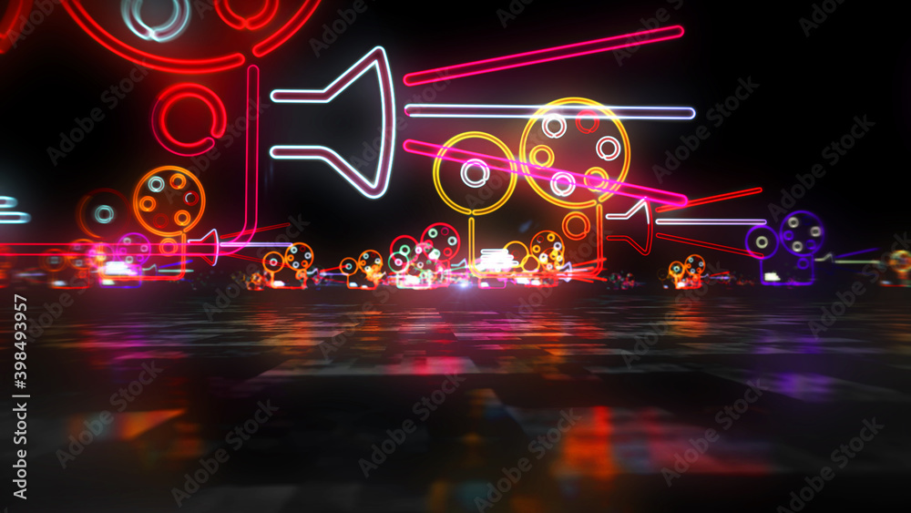 Cinema projector and camera symbol abstract neon 3d illustration