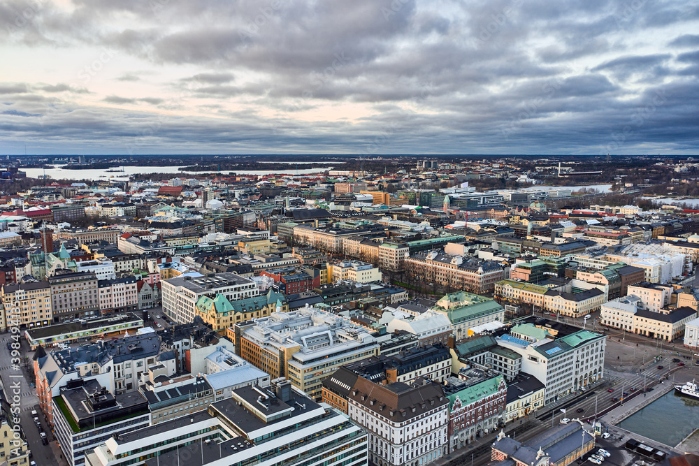 Aerial view of Kaartinkaupunki and Kluuvi neighborhoods of Helsinki, Finland.