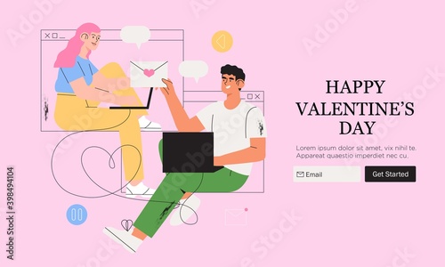 Valentines day conference video call banner, landing web page. Man and woman in love have remote romantic date online. Couple share their love in a message in internet or send greetings.