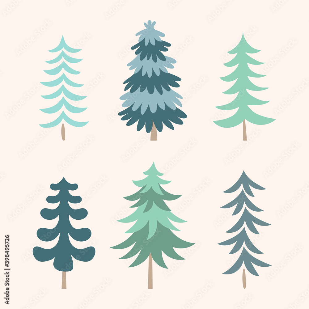 Hand drawn set of Christmas trees. Holidays background. Vector illustration. Design element