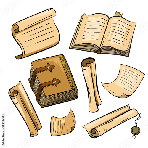 Set of Vintage paper, books, scrolls. Illustration in the style of the sketch. Vector isolated on a white background.