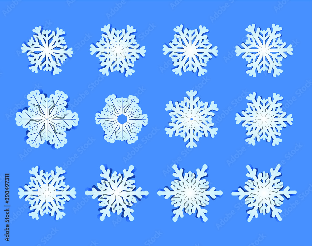 Volumetric double snowflakes in origami style from paper with shadow. Vector set, illustration, realistic colored minimal design, isolated on white background, eps 10.