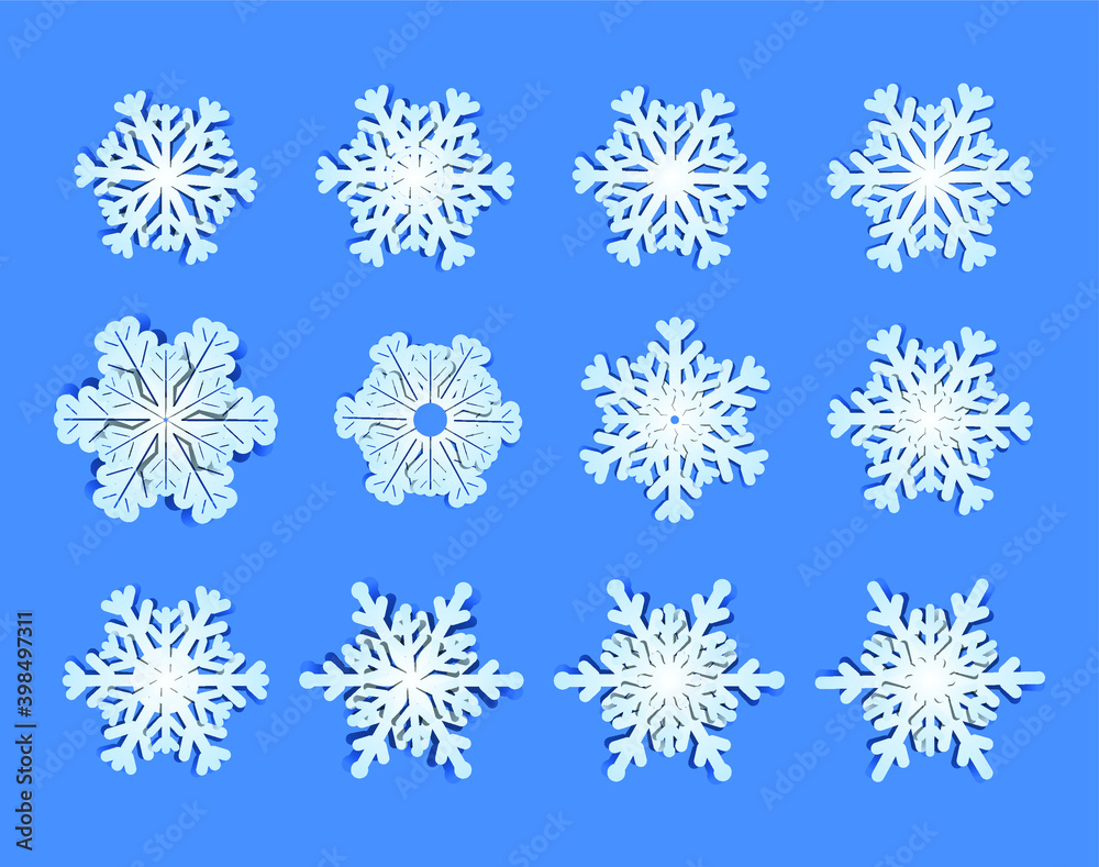 Volumetric double snowflakes in origami style from paper with shadow. Vector set, illustration, realistic colored minimal design, isolated on white background, eps 10. Volumetric double snowflakes in origami style from paper with shadow. Vector set, illustration, realistic colored minimal design, isolated on white background, eps 10.