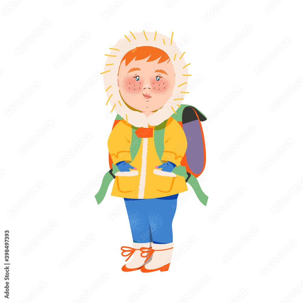 Red Haired Girl Character in Warm Winter Clothing and Backpack Going to School Vector Illustration Red Haired Girl Character in Warm Winter Clothing and Backpack Going to School Vector Illustration
