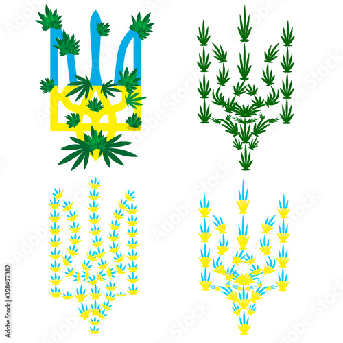 emblem of Ukraine on which cannabis leaves and inflorescences are pasted.