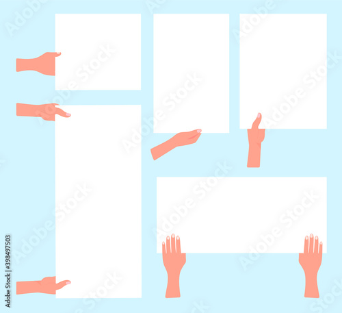 Different hands hold different sheets of white paper, posters, banners. Vector illustration, flat cartoon color minimal design, isolated on blue background, eps 10.