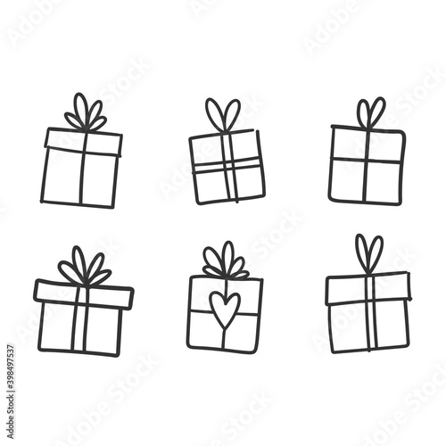 Hand drawn gifts collection. Present box with ribbons. Doodle illustrations. Christmas gift symbols.