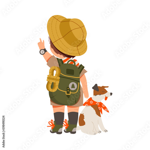 Cute Boy with Backpack as Junior Scout with Dog Pointing Finger Vector Illustration