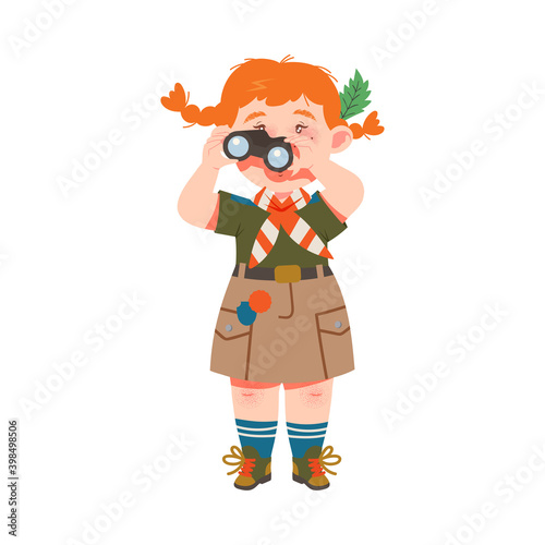 Cute Girl as Junior Scout Looking in Binocular Vector Illustration