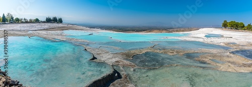 The upper cascades at Pamukkale, Turkey filled with azure blue water