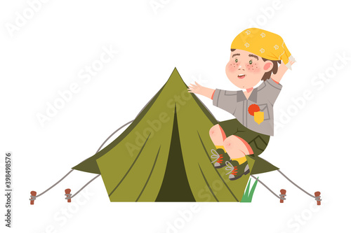 Freckled Boy Junior Scout Jumping with Joy Near Tent Vector Illustration