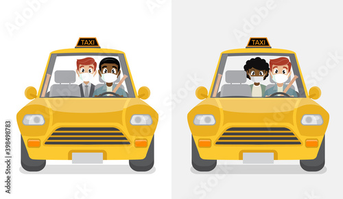 Masked passenger in taxi with masked driver.