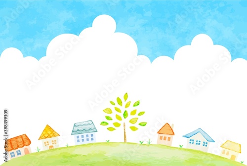 爽やかな青空と街並みのイラスト