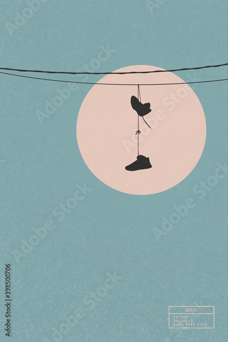 Sneakers on wires. Shoes hanging on power line. Isolated silhouette