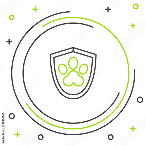 Line Animal health insurance icon isolated on white background. Pet protection icon. Dog or cat paw print. Colorful outline concept. Vector.