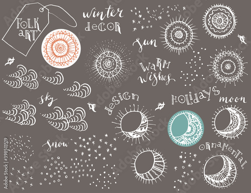 Hand drawn folk art sun, moon, snow, clouds set.
