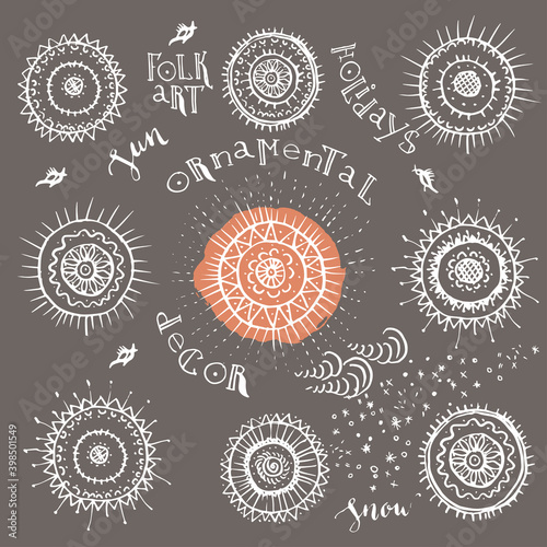 Hand drawn folk art ornamental sun set.