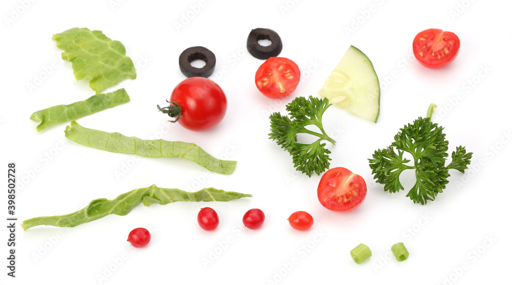 Tomato, cucumber, olives, parsley on a white table background. Tomato, cucumber, olives, parsley on a white table background.