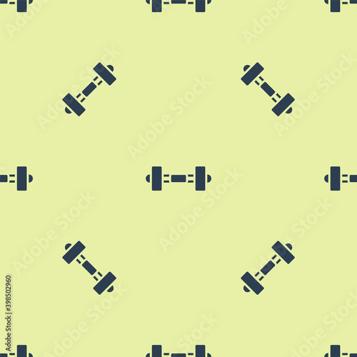 Blue Dumbbell icon isolated seamless pattern on yellow background. Muscle lifting icon, fitness barbell, gym, sports equipment, exercise bumbbell.  Vector.