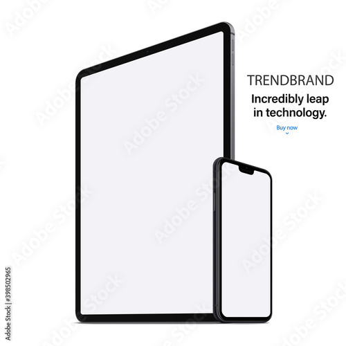 smartphone and tablet with blank screen saver and shadow isolated on white background. mockup of realistic and detailed devices. stock vector 3d isometric illustration