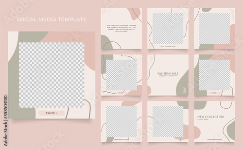 social media template banner fashion sale promotion. fully editable instagram and facebook square post frame puzzle organic sale poster. red pink green color paper texture vector background