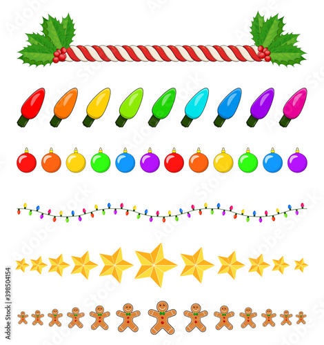 Christmas dividers collection. Vector holiday ornamental borders set. Celebration separation lines with candy cane,holly berry, light bulb string,golden star, gingerbread man,christmas bauble.