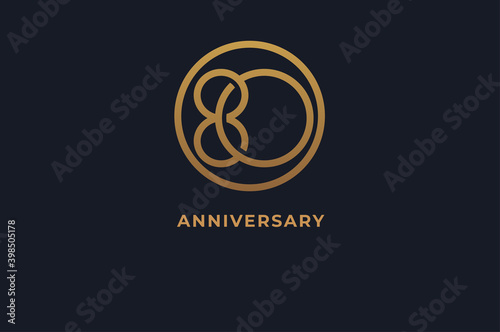 Number 80 logo, gold line circle with number inside, usable for anniversary and invitation, golden number design template, vector illustration