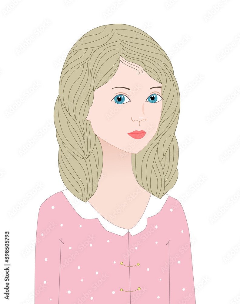 pretty girl with blue eyes, wavy blonde hair in pink shirt with pretty girl with blue eyes, wavy blonde hair in pink shirt with
