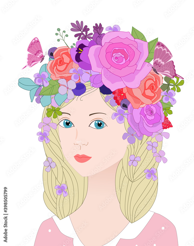 portrait of pretty girl with blue eyes, blonde hair with floral