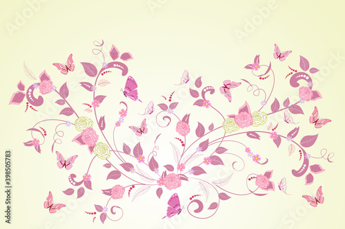 ornate floral border with roses and butterflies for your design