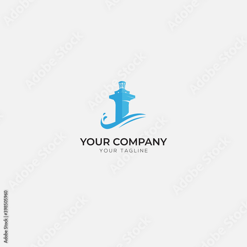 blue lighthouse and sea wave logo