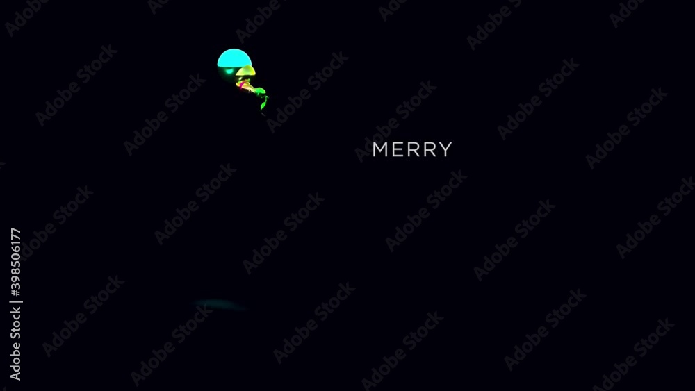 A colorful, stylized, spiral-shaped colored Christmas tree jumps three and then stops and takes on a traditional Christmas tree shape. the image is animated with an inscription: Merry Christmas