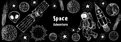 Hand drawn space vector illustration. Planets, rocket, satellite, cosmonaut illustration. Space elements. Hand drawn sketch
