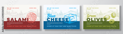 Salami Sausage, Olives and Blue Cheese Food Label Templates Set. Abstract Vector Packaging Design Layouts Bundle. Modern Typography Banners with Hand Drawn Rural Landscape Background. Isolated