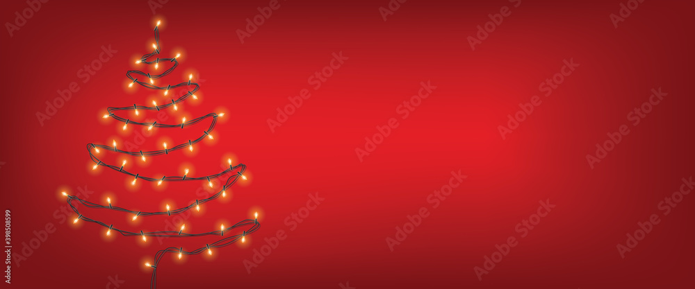 Christmas tree lights garland on red background. New Year and Happy Holidays banner