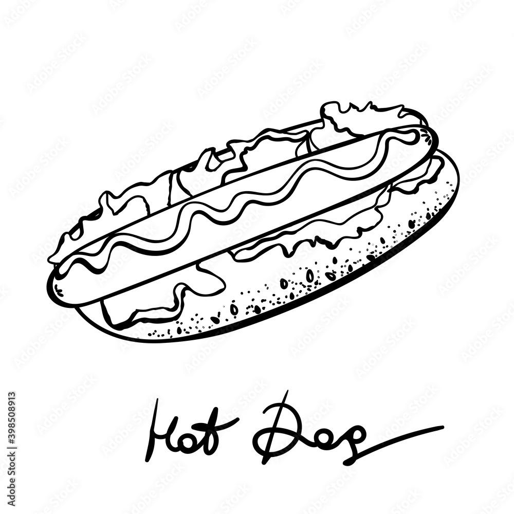 Vector hotdog with mustard. doodle Illustration vector. icon isolated on white. Vector hotdog with mustard. doodle Illustration vector. icon isolated on white.