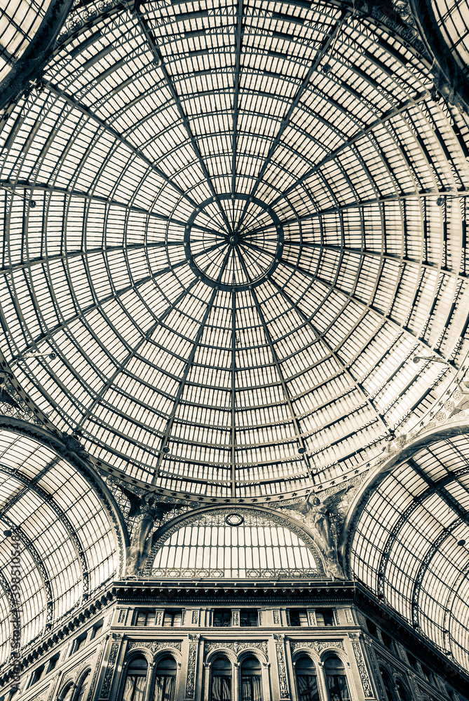 View of the glass dome of the Galleria Umberto in Naples, Italy