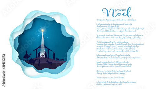 carte ou bandeau sur joyeux noël en vert représenté par une crèche avec des animaux, les rois mage sur un fond bleu vert et à côté le texte de la nativité le tout sur un fond blanc