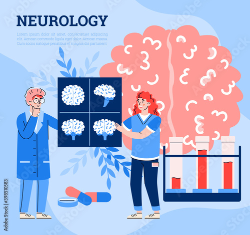 Concept of medical diagnostic, research, treatment of neurology disease. Doctor neurologist study mri scans tomography of brain female patient in hospital. Vector illustration.